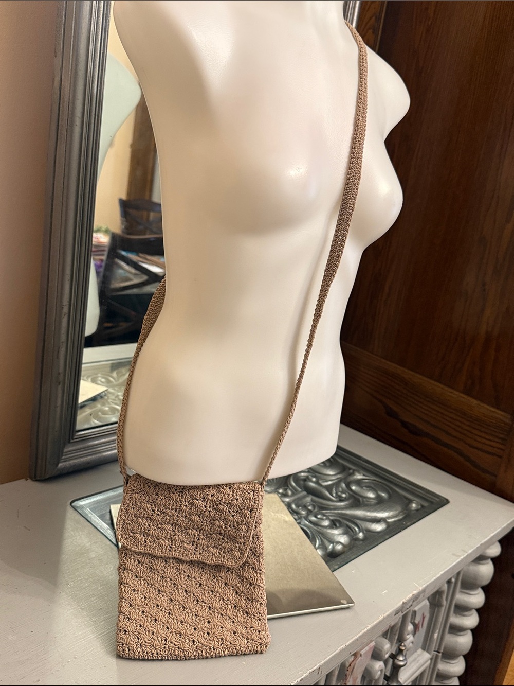 kathy ireland Macrame Crotchet Woven Crossbody Bag Beige Taupe Brown